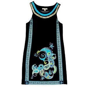 Black and Teal Print Sleeveless Dress